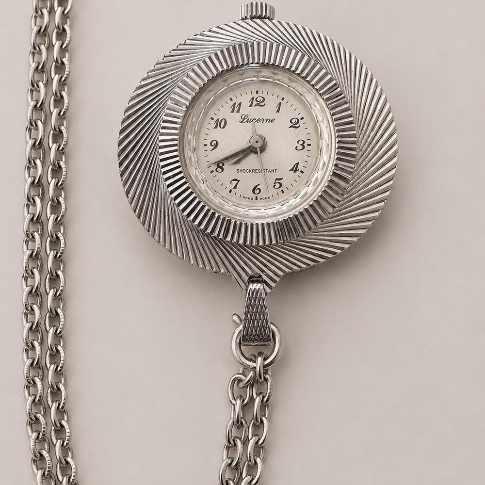 Vintage Lucerne silver tone clock necklace